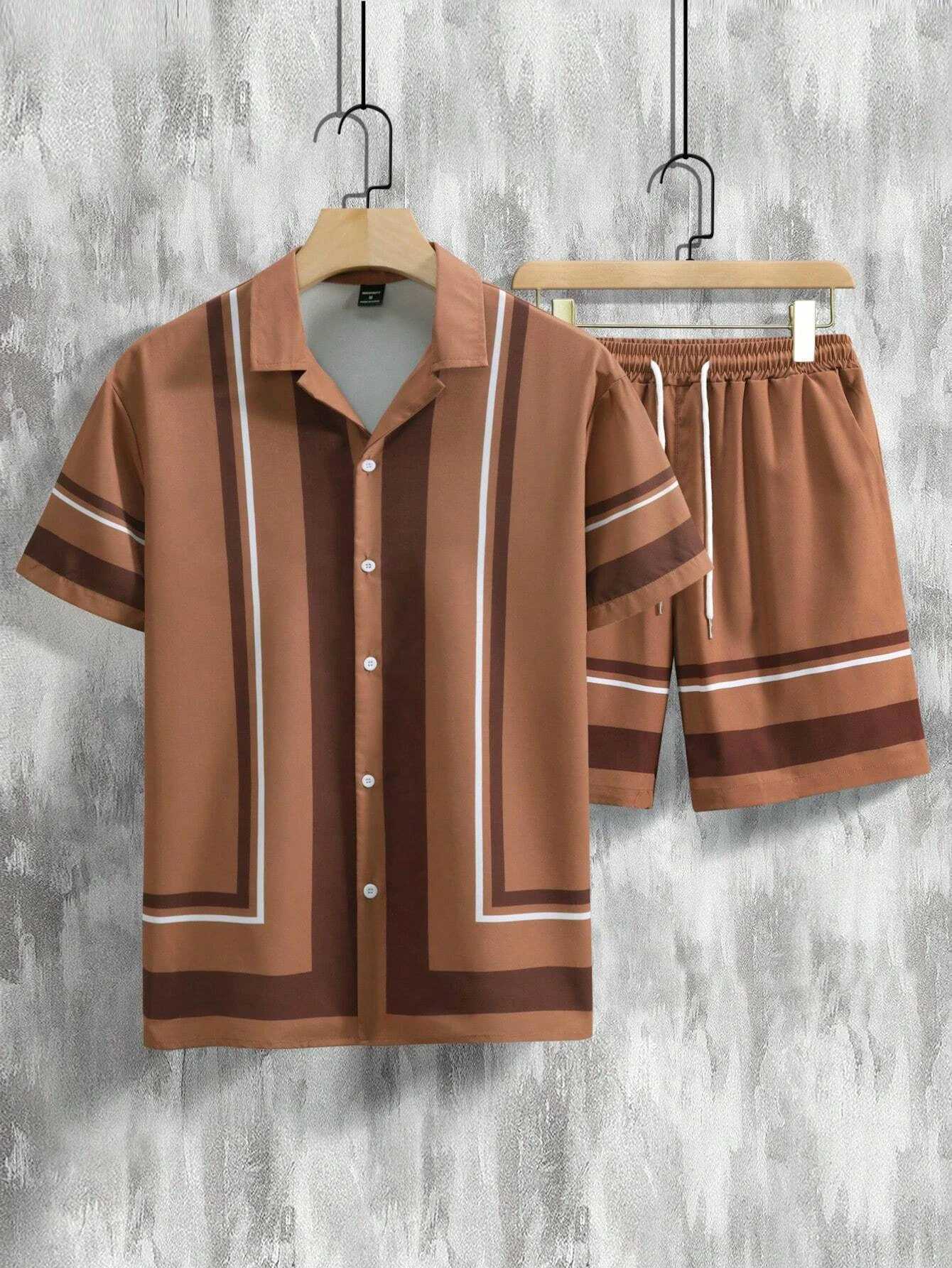 Summer mens shirt set retro simple striped beach short sleeved casual collar shirt oversized beach shorts Hawaiian suit clothingXJ250412