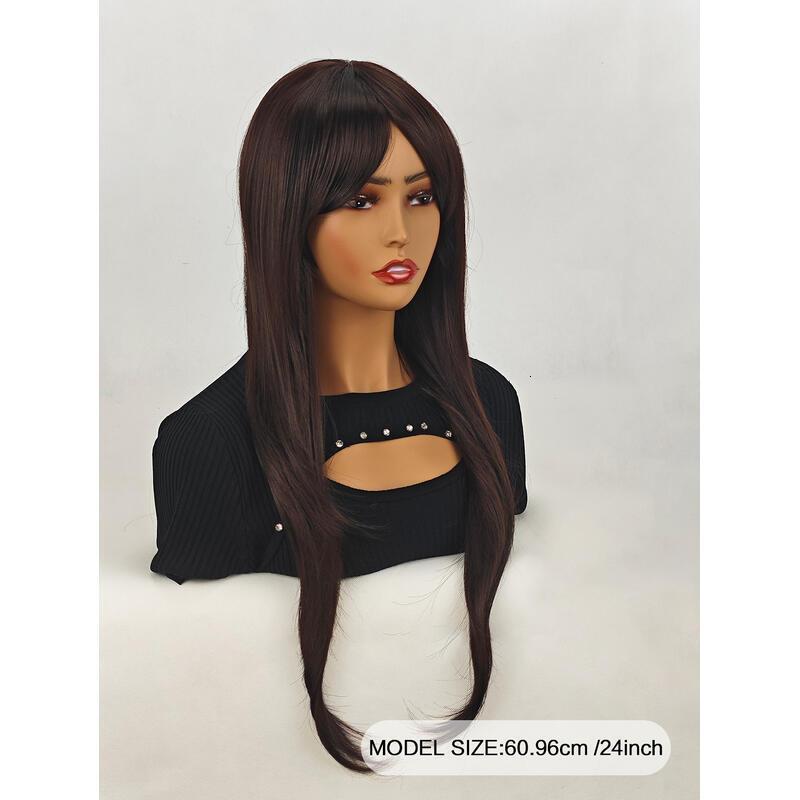 ENTRANCED STYLES en brown Women Long Straight with Bangs Black Hair Wigs Heat Resistant Synthetic Womens Wig for Daily Party Use 24 Inch