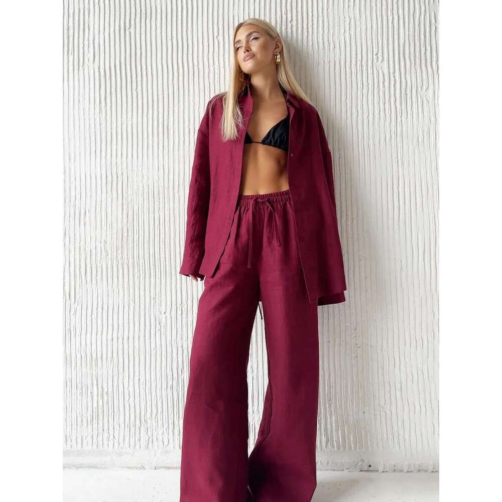 Designer Clothes Wolfeel Casual Shirt Sets 100% Cotton Women's Solid Color Cozy Lapel Long Sleeve Summer Outfit Elastic Waist Pants Suits
