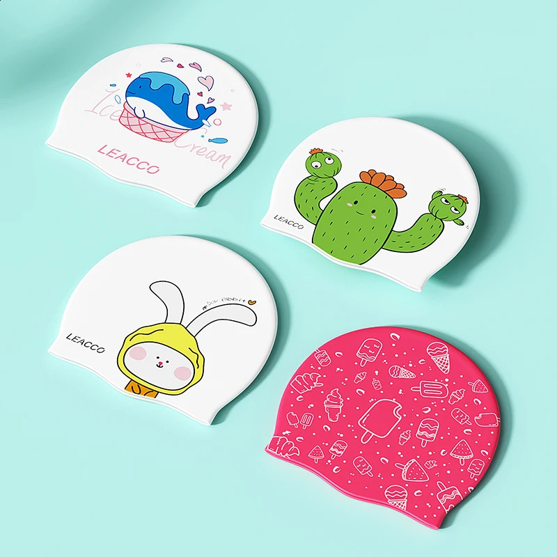 childrens high elasticity silicone professional swimming cap with cartoon print various cute styles soft and waterproof 250411