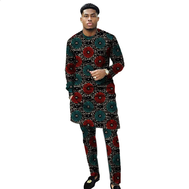 African clothing mens printed set with mens patches Ankara pants set custom wedding dress mens clothing 250411