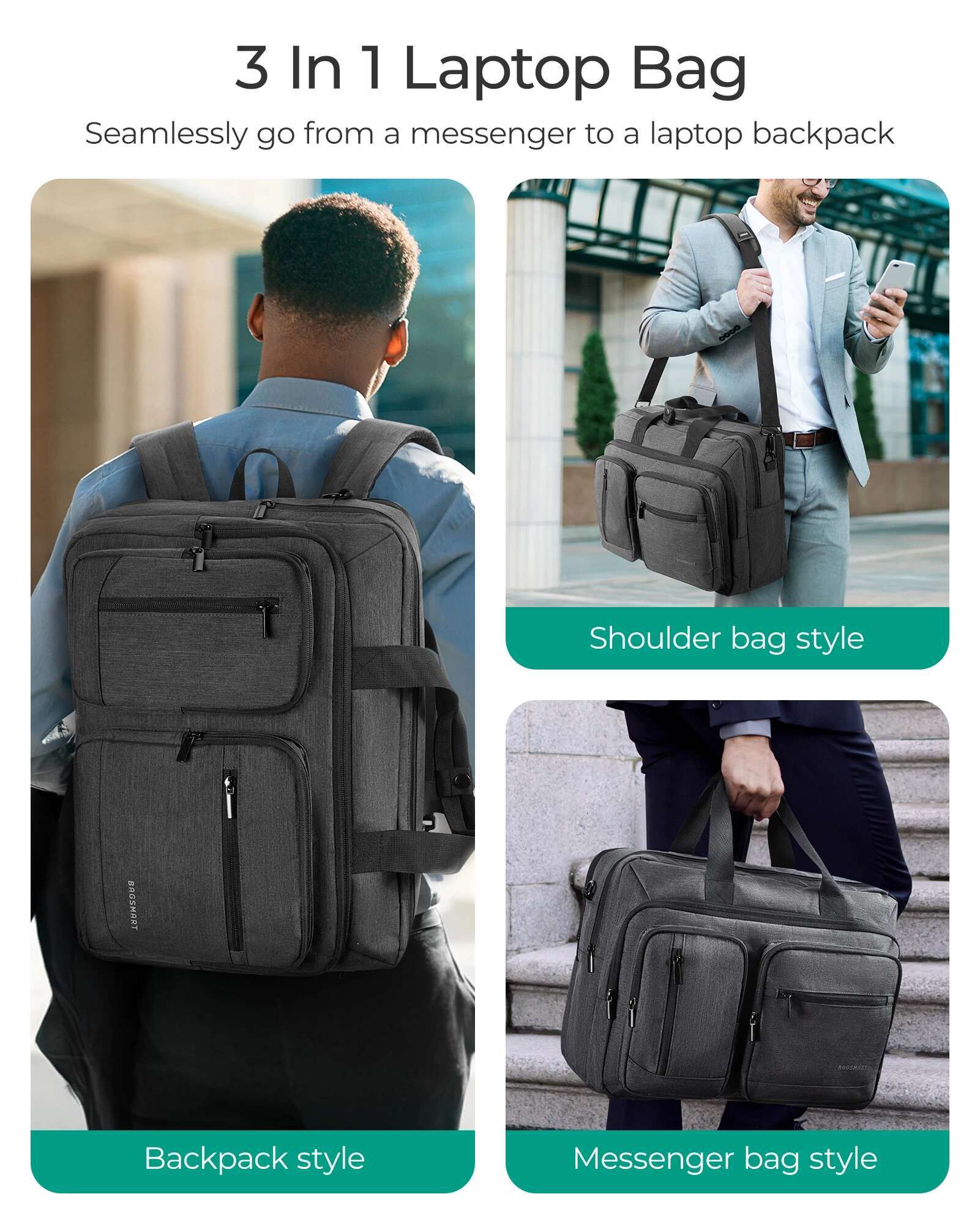 BAGSMART Laptop Bag For Men 3 In 1 Computer Briefcase 17.3 Inch Water- Notebook Cover Business Travel Office Backpack