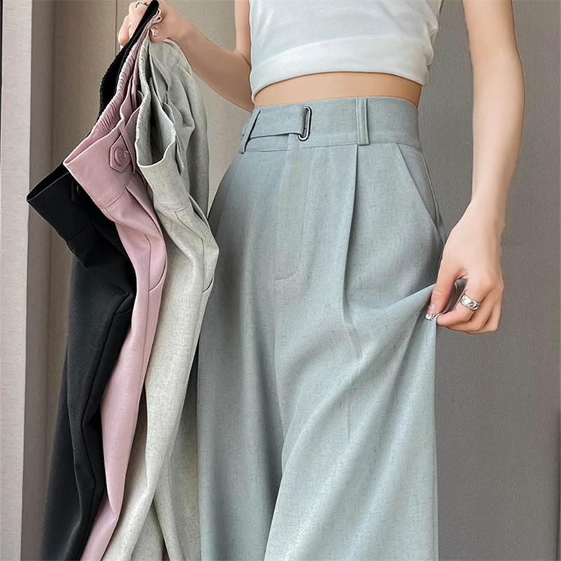 High Waist Cotton Linen Suit Wide Leg Womens Full Pants Summer Female Elegant Minimalism Straight Loose Trousers Autumn 250411