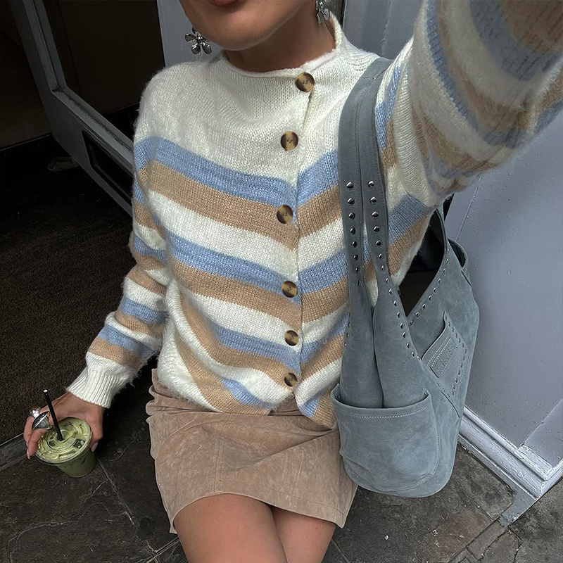 Women's autumn and winter clothing, women's casual style, fitted round neck fashionable sweater, colorful striped front asymmetrical design 