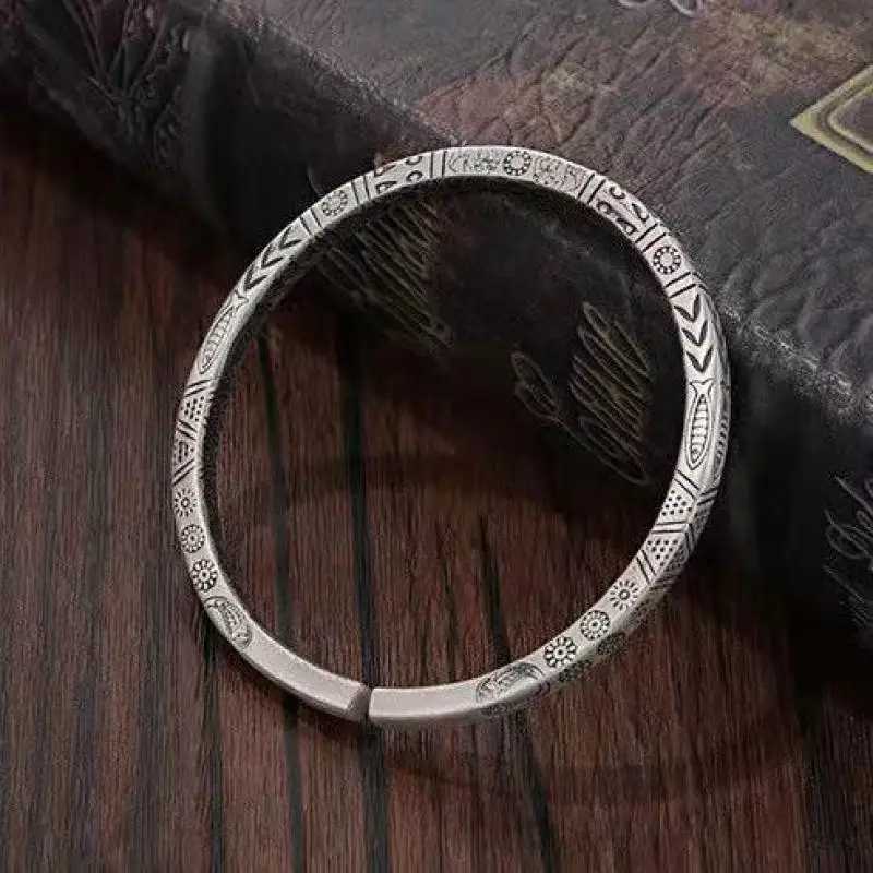 Boho Vintage Ethnic Style Engraved Fish Pattern Bracelet Silver Color Open Cuff Bracelet Men Girls Trend Casual Jewelry GiftsC250411
