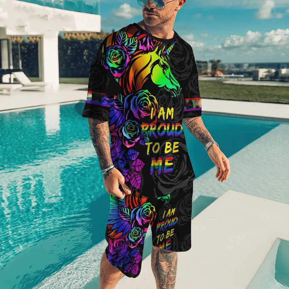 Mens sportswear T-shirt 2PK set pants closed style summer 3D printed animal short sleeved set streetXJ250412