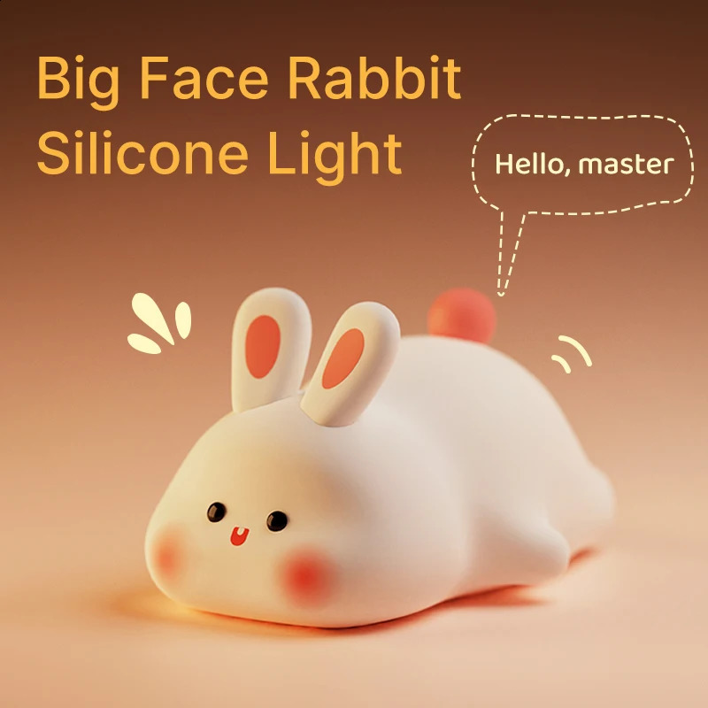 Big face rabbit night light cute silicone rabbit cartoon soft light touch night light childrens sleep light room decoration gift 250411