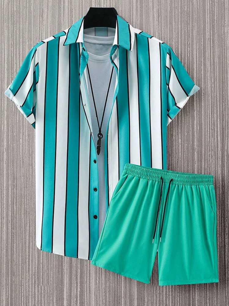 2025 New Hawaii Beach Leisure Set Single Chest Short Sleeve Summer Vacation Travel Stripe SetXJ250412