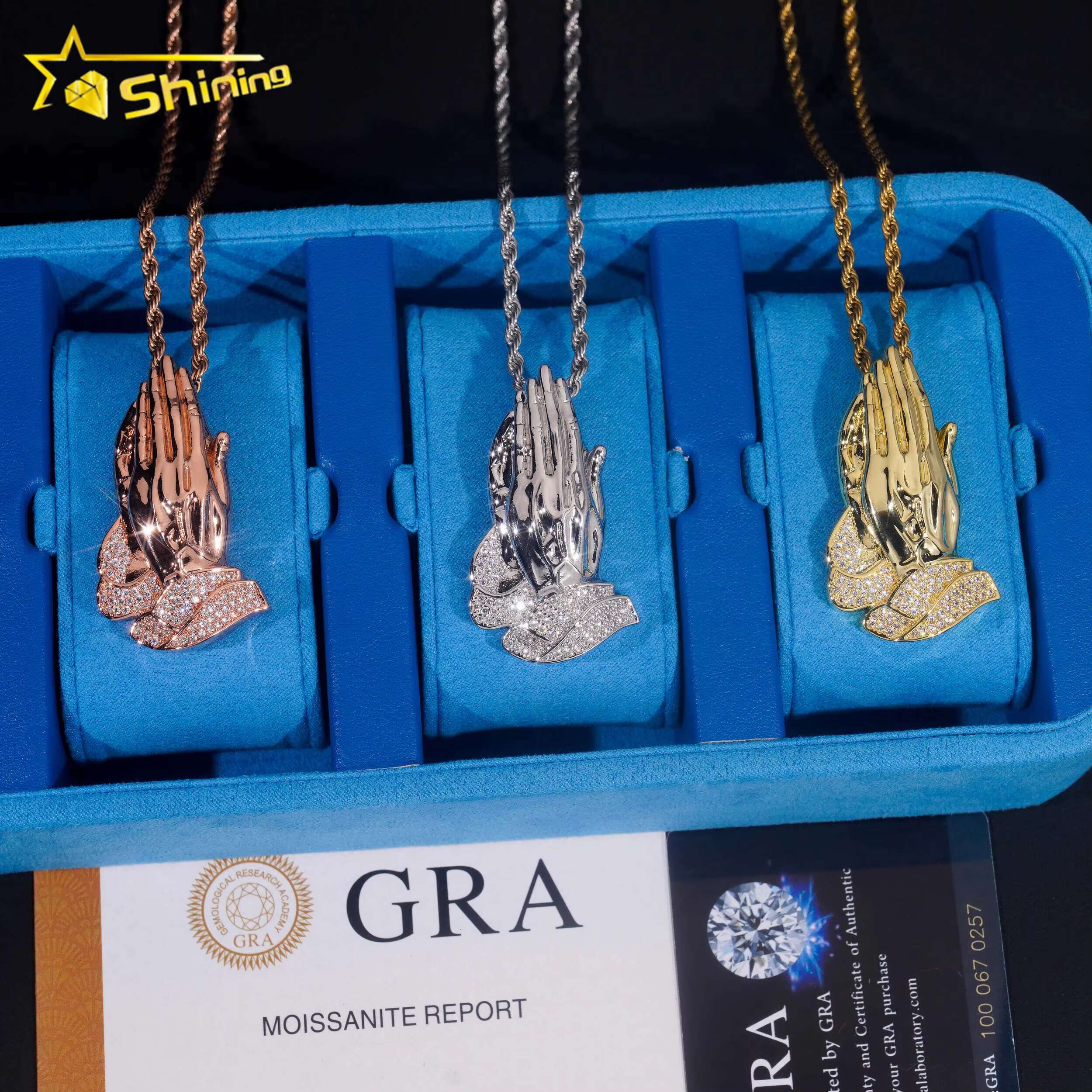Hop Hip Moissanite Jewelry 925 Sterling Silver Gold Plated VVS Moissanite Praying Hand Pendant Men Iced Out Pendant Jewelry