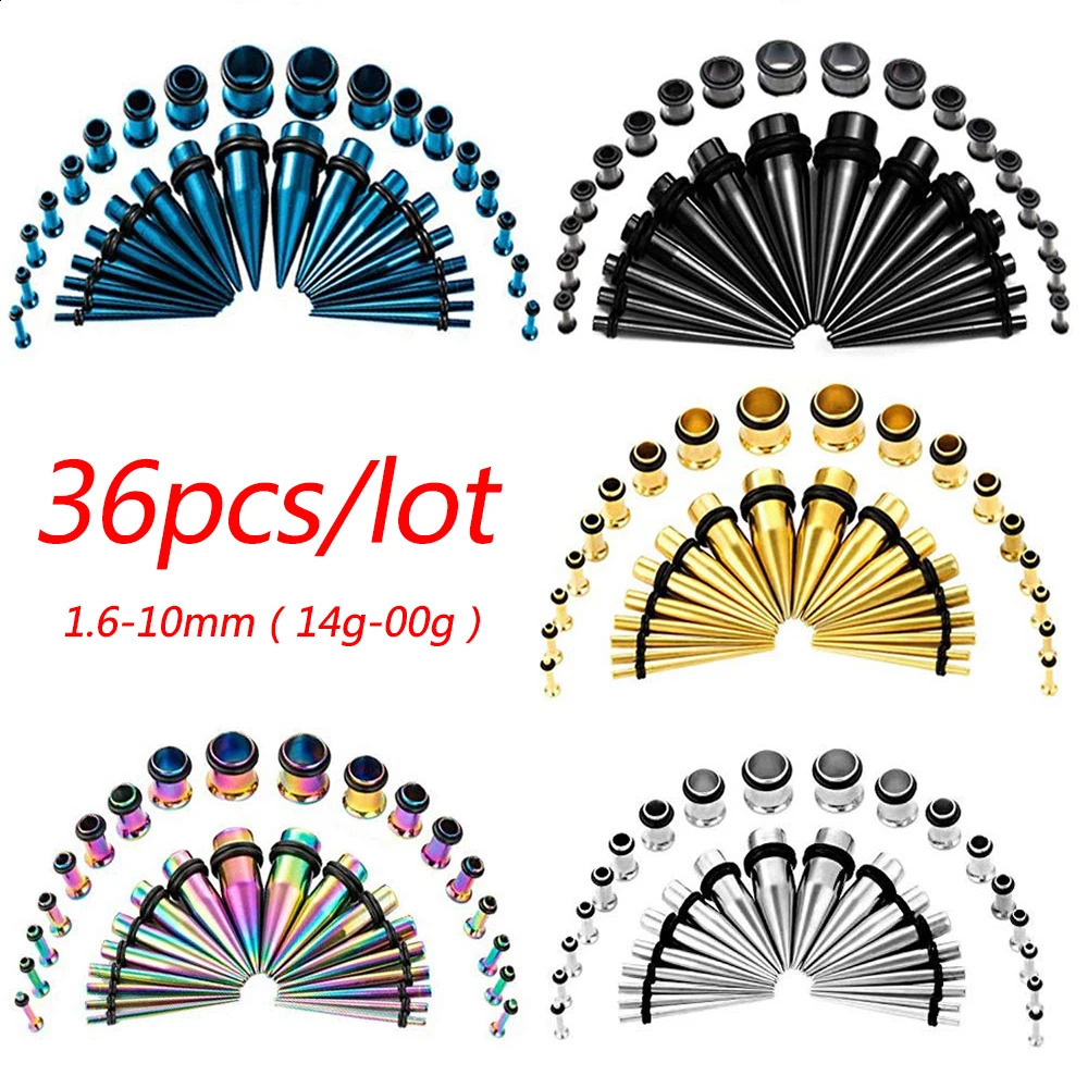 36PCS/Lot 14G-00G Stainless Steel Ear Gauges Stretching Kit Tapers Plugs Eyelets Ear Tapers and Plugs Expander Set Body Piercing 250403