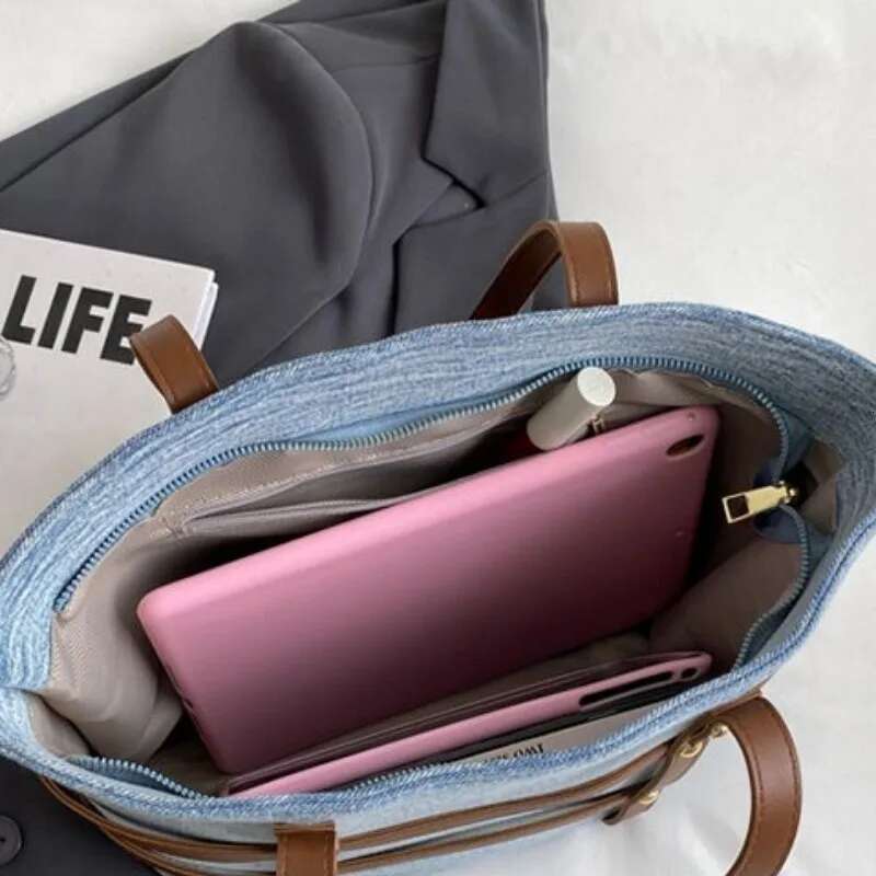 Denim Fashion Stripe Ed Tote Bag Student New Commuting Forest Series Large Capacity Versatile Handbag bags designer handbags Shoulder Bags