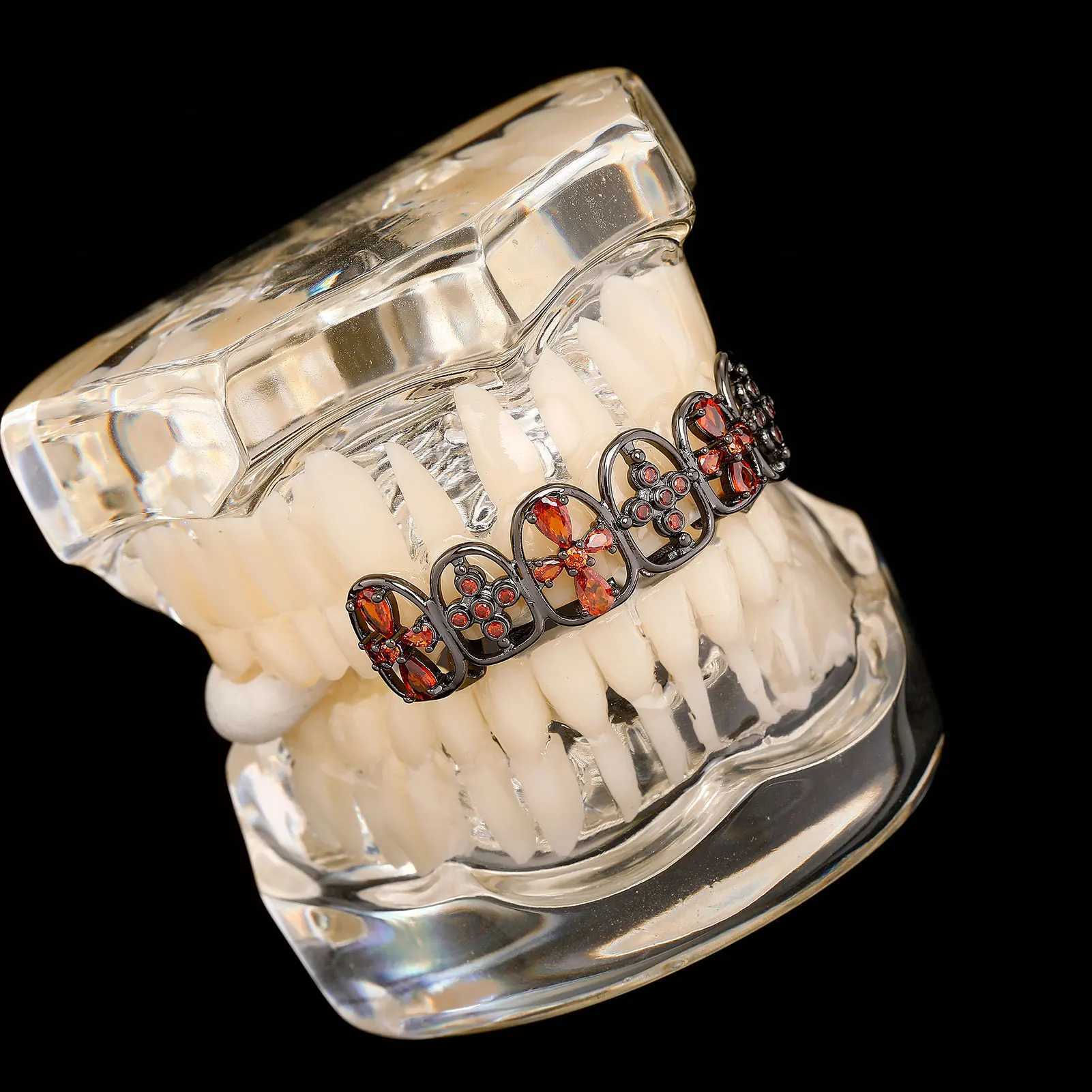 TOPGRILLZ Gothic Cross Flower Red Zirconia Grillz Black CZ Stone Tooth Hat Mens Christmas Jewelry Gift W250412