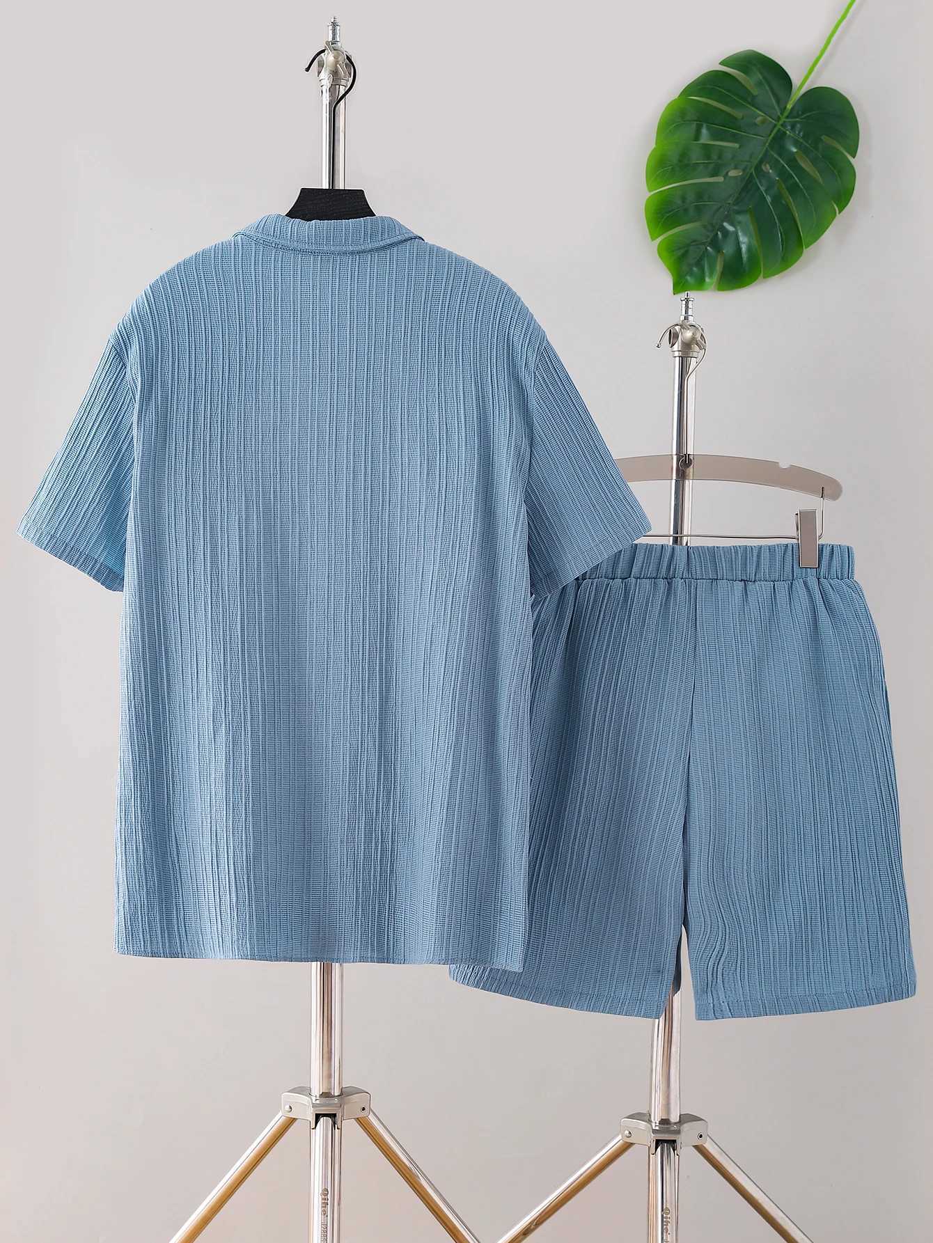 New adult summer open chest button short sleeved+loose shorts casual setXJ250412