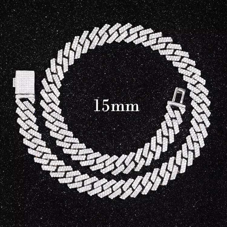 Hip Hop Jewelry 15mm Wide 2rows Cuban Link Chains VVS Moissanite White Gold Plated 925 Sterling Silver Cuban Bracelets