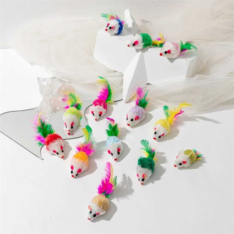 Pet cat toys rabbit fur fake mice feathers rainbow mice fun cat toys Y250412