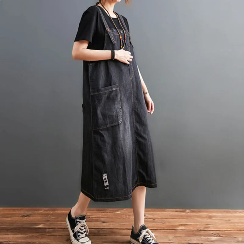 Wxw2110 Summer Black Full Set Cowboy Dress Large Pocket Loose Asymmetric Aline Midi Button Vestidos 250411