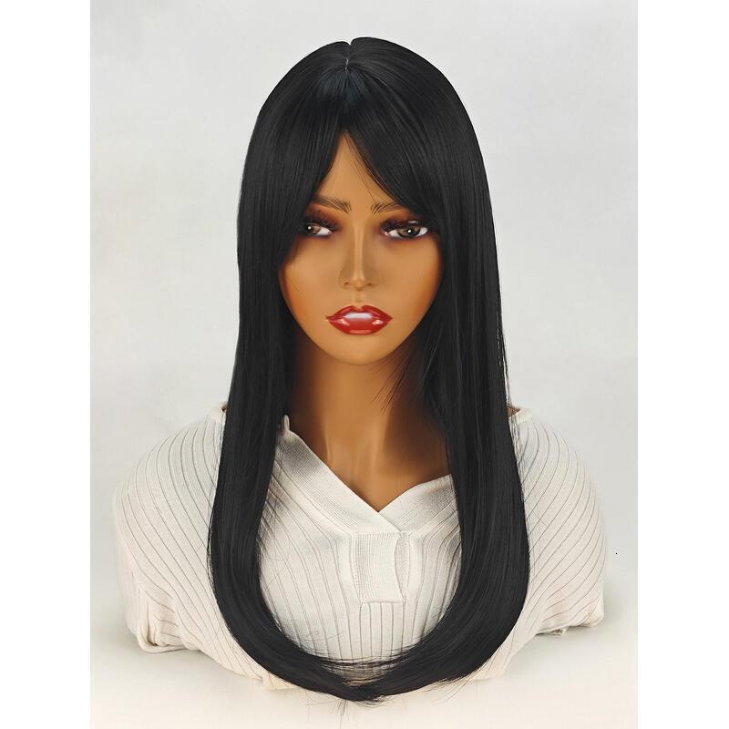 18inch Natural black With Bangs Long Wavy Curly Glueless Fringe Unit Heat Resistant Synthetic Middle Part Full hine Made No Lace Scalp Costume Cosplay