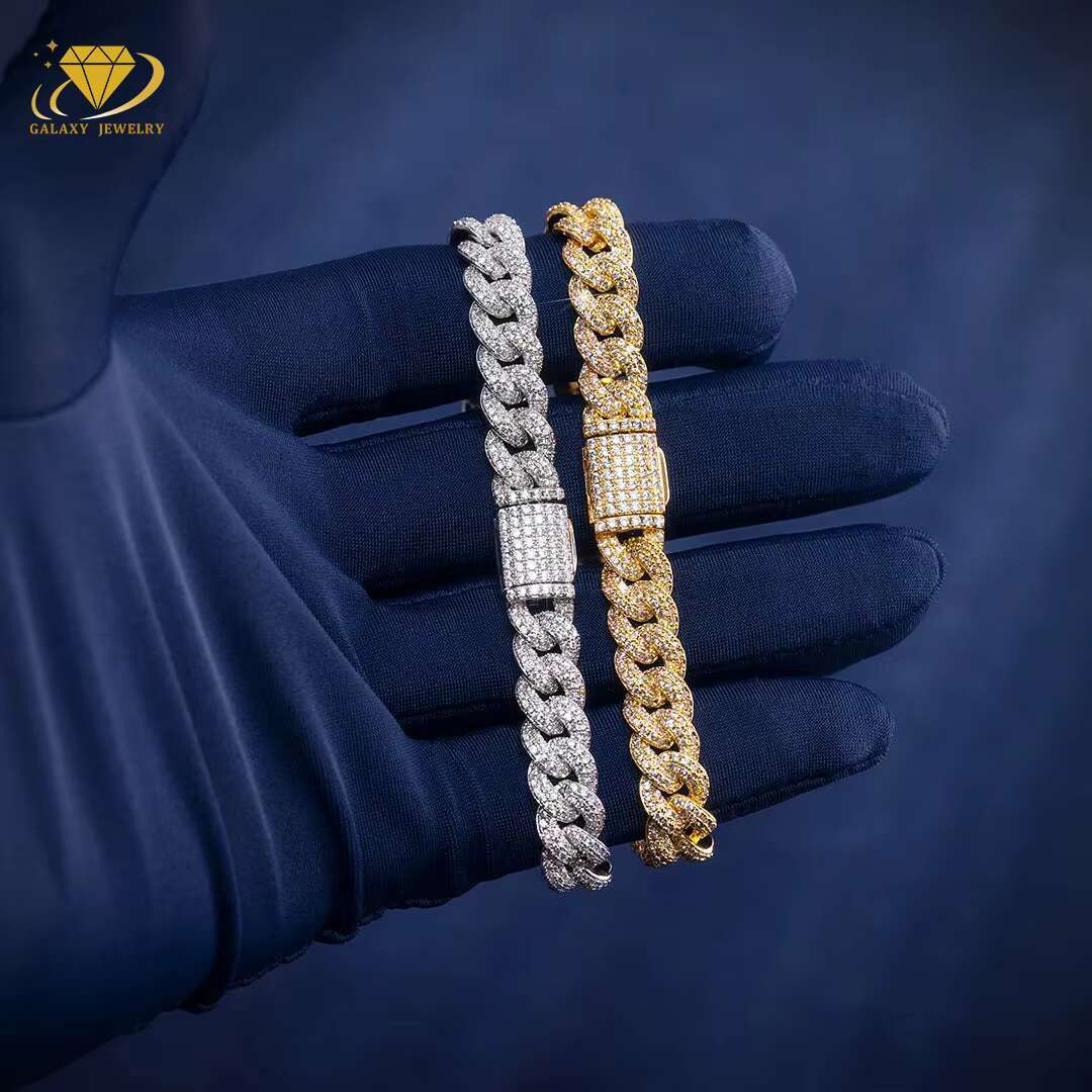 In Stock 2Rows Iced Out S925 Sterling Vvs Moissanite Rhodium/Yellow Gold/Rose Gold Cuban Link Chain 10mm Miami Cuban Chain