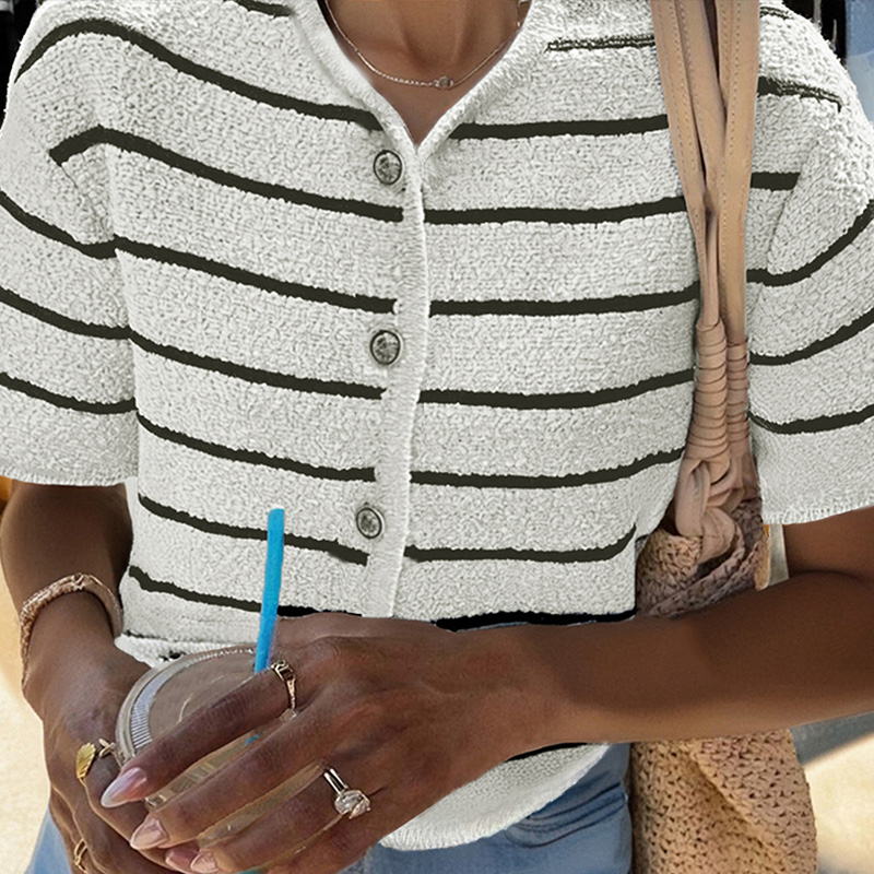 Valentine's Day Spring Summer Women's two-tone splicing striped casual vacation sweater top cardigan retro metal buckle design comfortable f