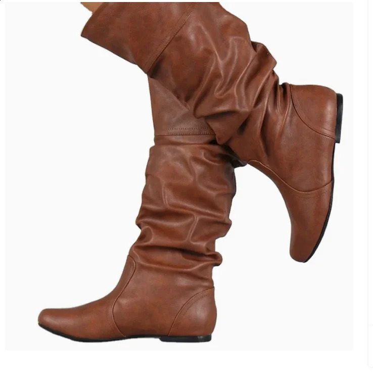Women Flat Boots Fashion Pleated Leather Boots Autumn Spring Slip on Mid-Calf Shoes for Women Black Winter High Boots Large 250411