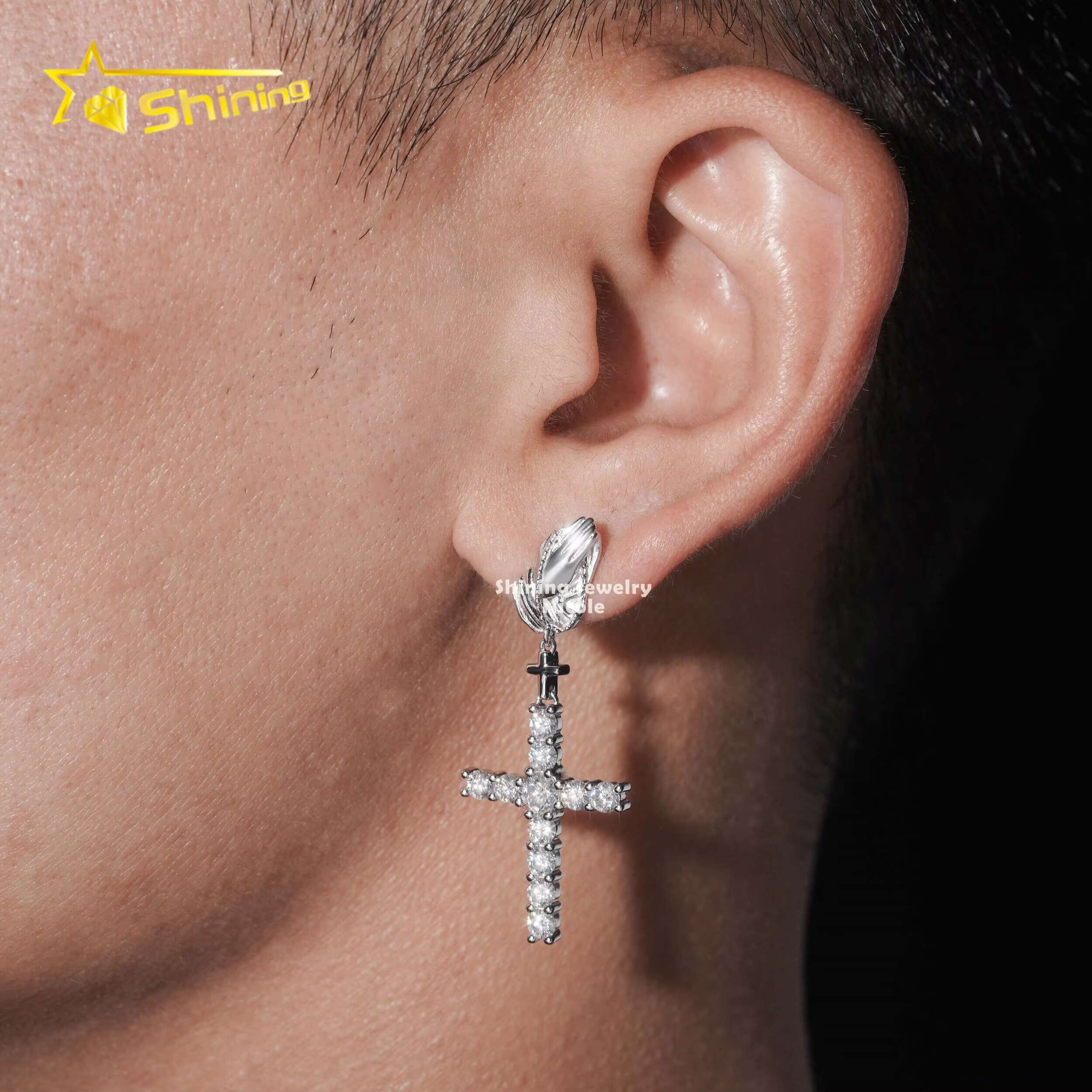 New Arrivals Hip Hop Style Cross Charms Iced Out 925 Sterling Silver Hoop Moissanite Diamond Drop Earrings