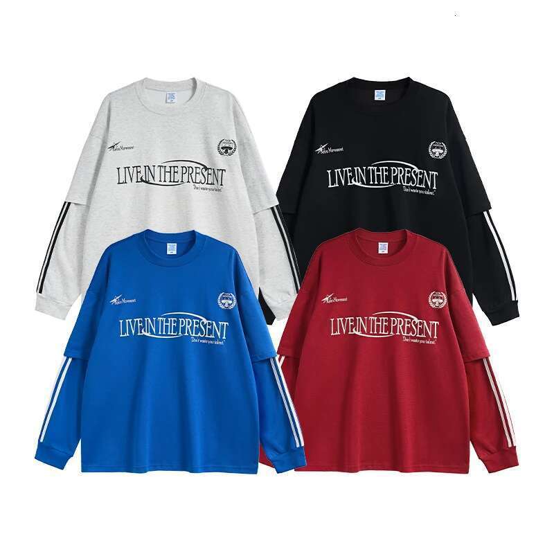 Retro Double Layer Tshirts Men Streetwear Hip Hop Oversized Long Sleeve Tees Sportswear
