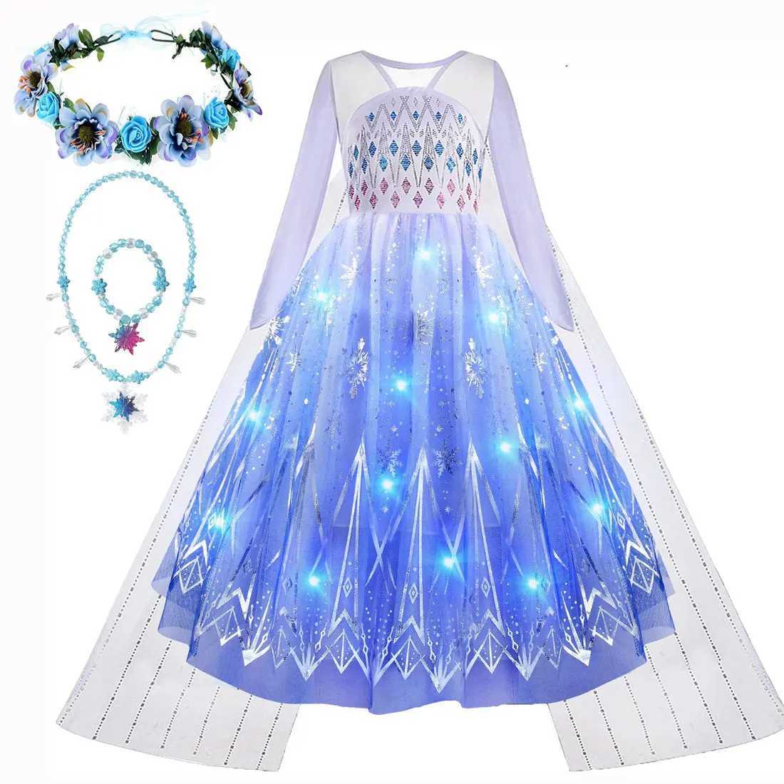 Disney 2024 Halloween Carnival Frozen Little Girl Princess Classic Costume Fantasy Role Playing White Dress Elsa LED Strip CostumeXJ250411