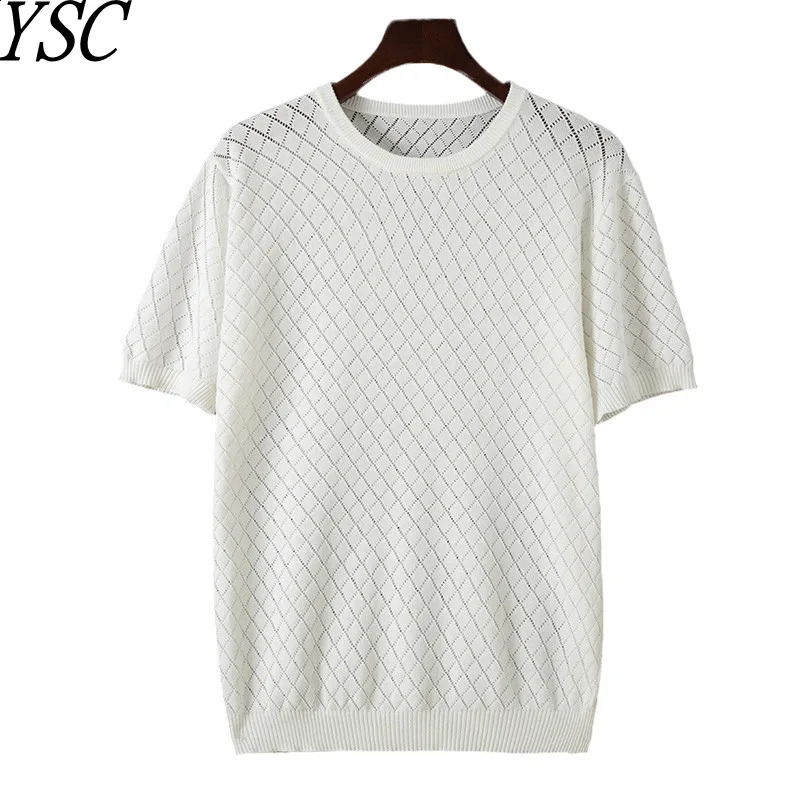 Men Knitwear 100% Cotton Sweater Pullover O-Neck T-shirt Short sleeve Hollow Out Breathable Comfortable High-Quality Lattice 250407