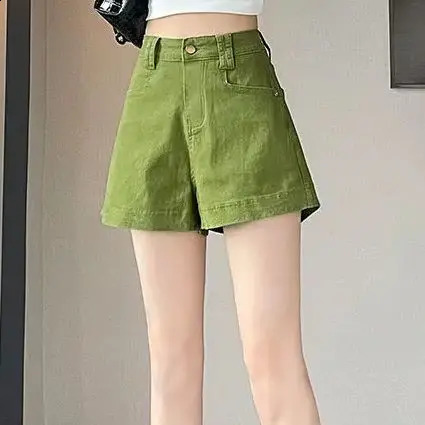 Denim shorts green shorts thin and soft summer casual loose fit retro jeans womens long leg denim shorts 250411