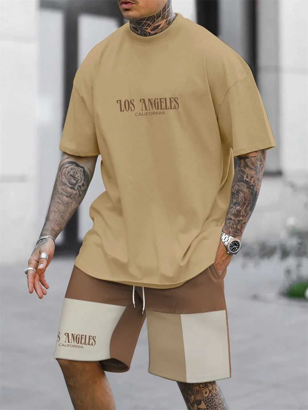 Summer Mens Los Angeles Letter Simple Printing Sports T-shirt Set Short Sleeve Color Matching Mens Summer ClothingXJ250412