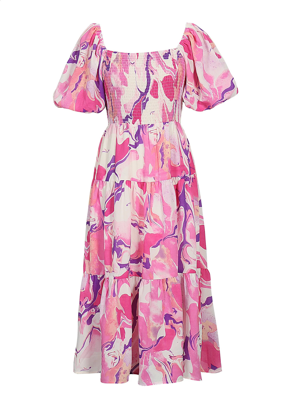 Womens Spring and Summer Long Dress Bohemian Flower Square Collar Midi Puff Short Sleeve Lace Maxi Beach Sundress 250411