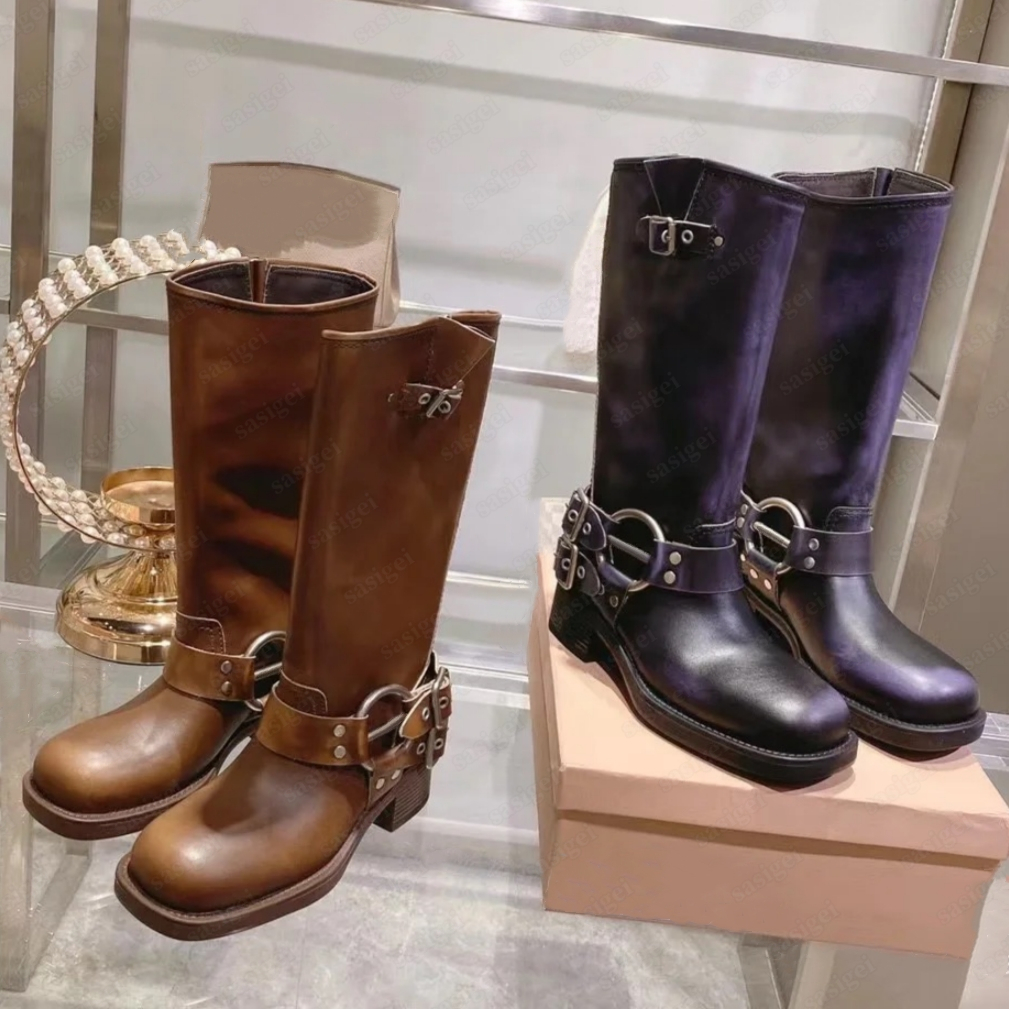 Designer Boots Chunky Heel Comfort Harness Boot Belt Black White Brown Buckled Cowhide Leather Biker Knee Zip Knight Fashion Square Toe Ankle Booties