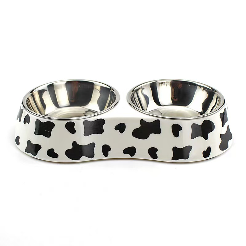H1397 Wholesale pet bowl sets, stainless steel dog and cat bowls (pair), non-slip base with cartoon print, food and water bowl combination.