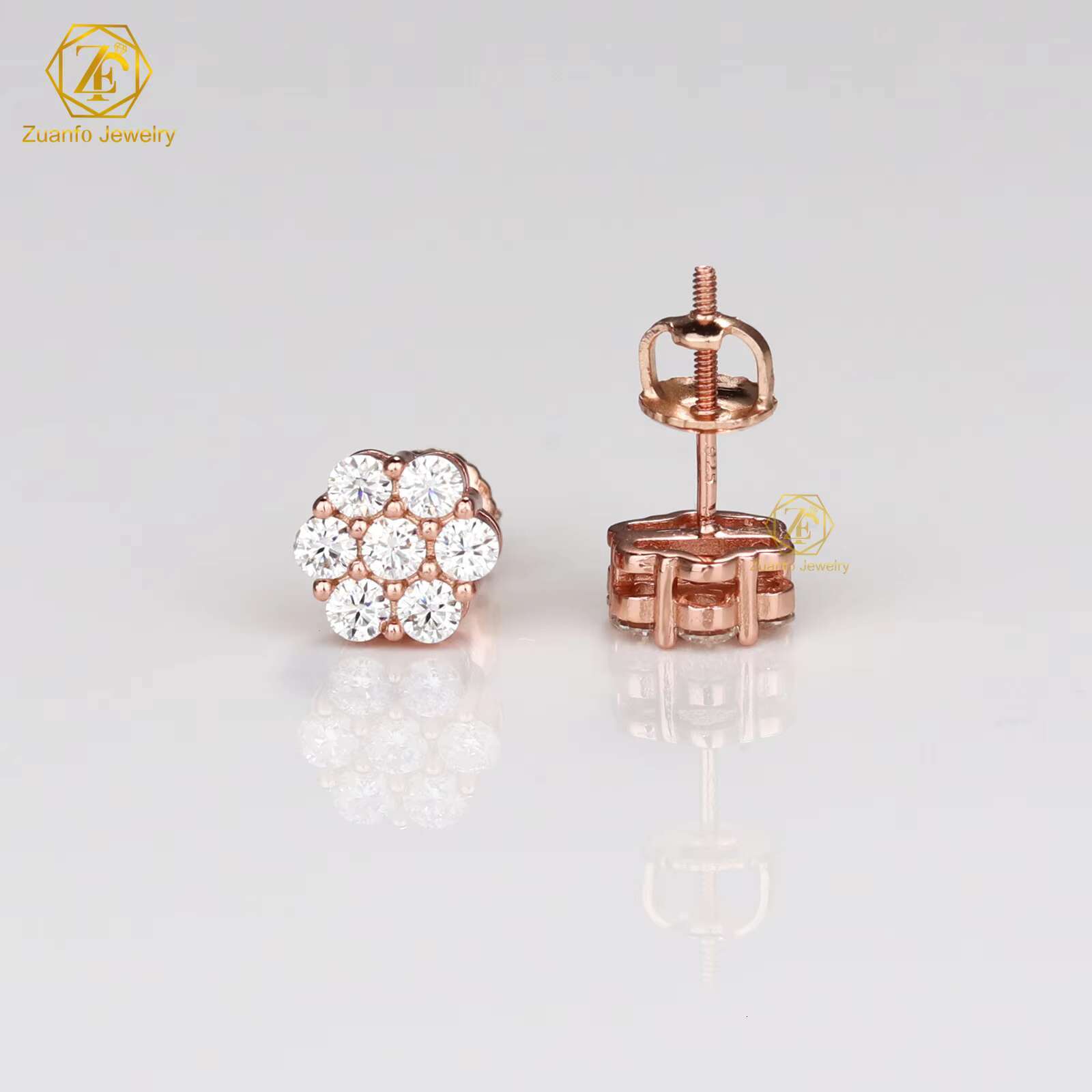 Wholesale Price Hip Hop Jewelry 8MM Flower Cluster Earrings VVS Moissanite Diamond 925 Sterling Silver Gold Plated Stud Earrings
