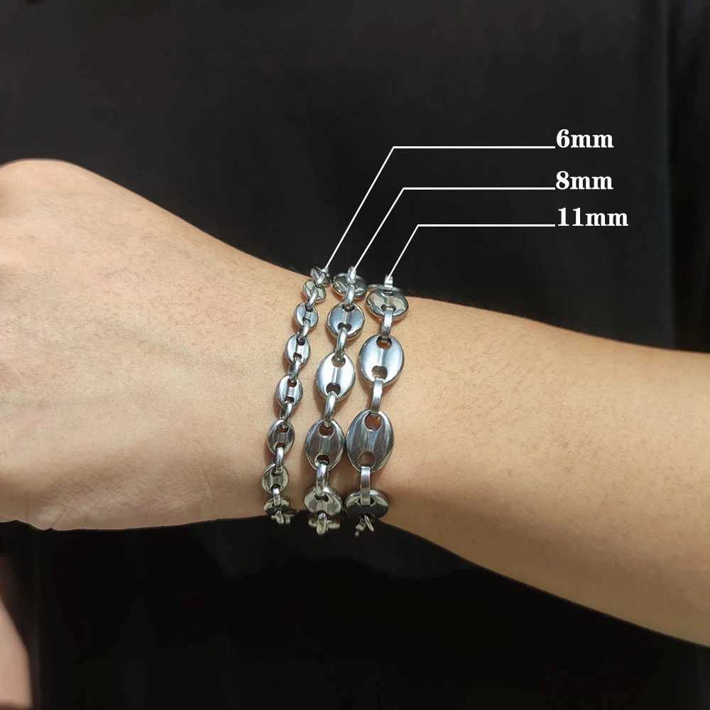 New Coffee Beans Pig Nose Chain Bracelet Men Stainless Steel Jewelry Polished Strong Real Gold Plated ColorC250411