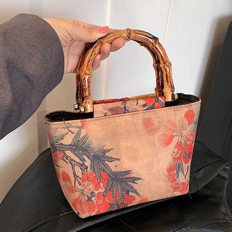 New Fi Printing Design Womens Canvas Handbag Ethnic Flower Womens Handbag Wooden HandbagXJ250412