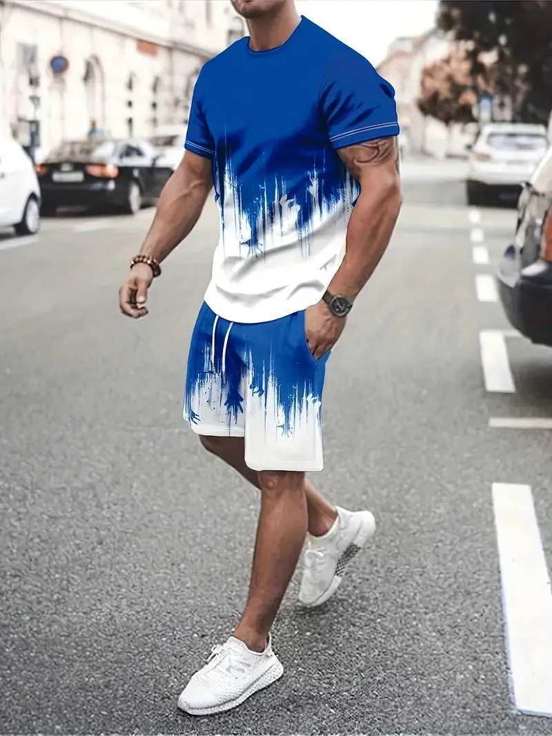 Fashion tie dye pattern mens two-piece summer 3D printed short sleeved T-shirt and short street trend mens set 6XL largeXJ250412