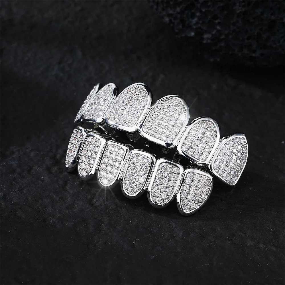 YONGX Hip Hop All Ice CZ Stone Tooth Hat Bracket Top Bottom Gold Silver Shining Zirconia Stone Tooth Grill Body Jewelry W250412
