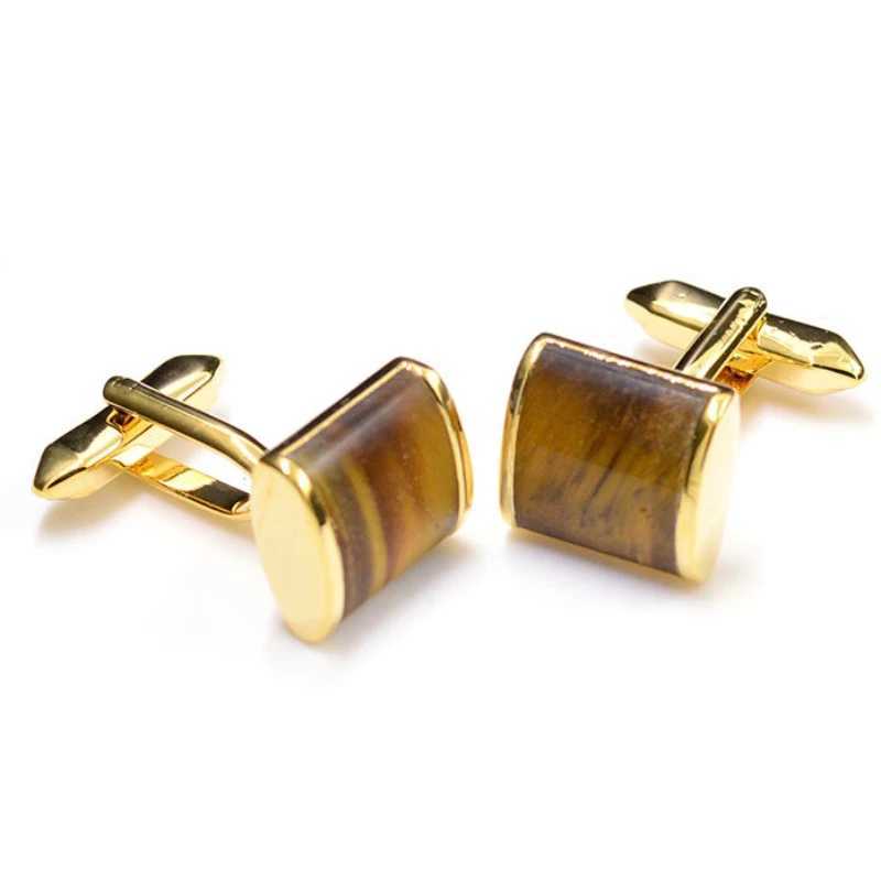 New Tiger Eye Stone Yellow Cufflinks Mens Business Party Shirt with Metal Button Cufflinks Friends Birthday GiftT250412