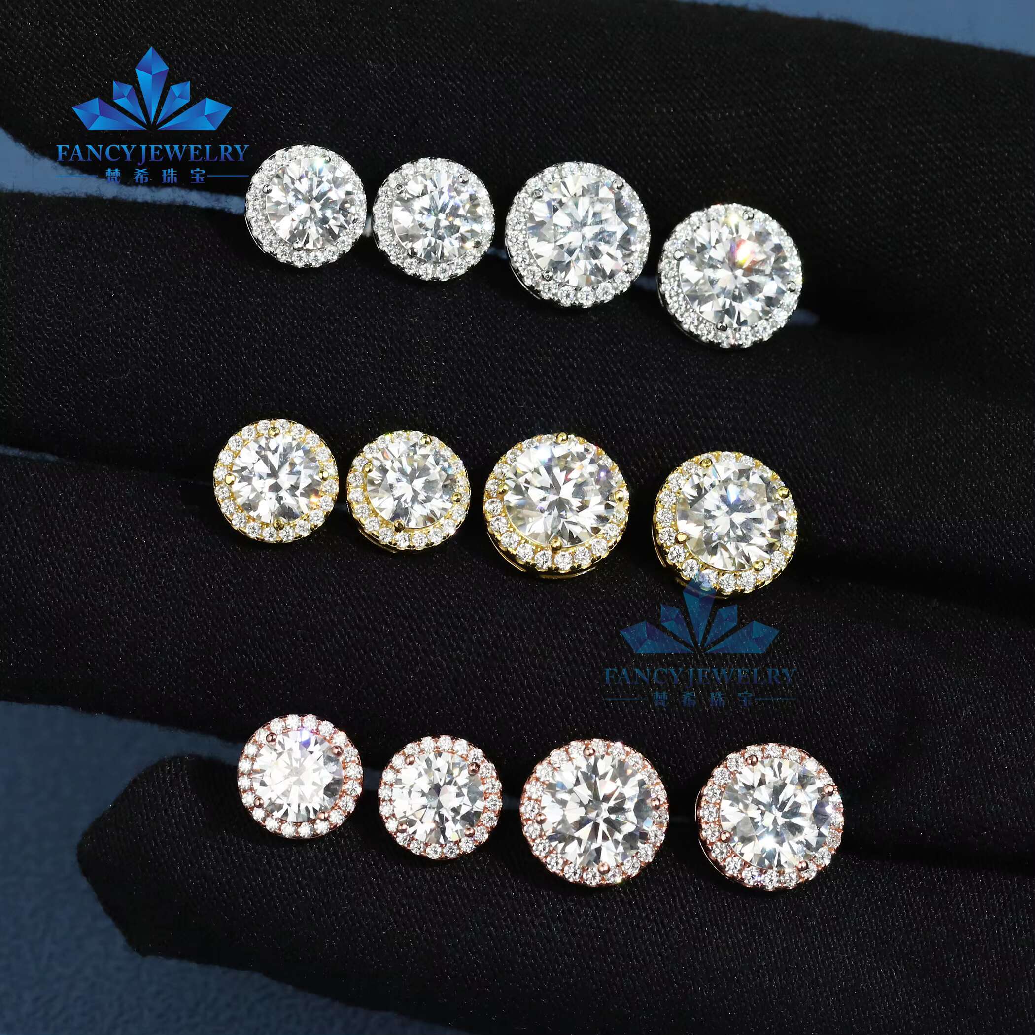 Big Mossanite Stud 1ct-2ct 6.5mm 8mm 18K Gold Plated 925 Sterling Silver Lab Moissanite Diamond Halo Earring for Women Men