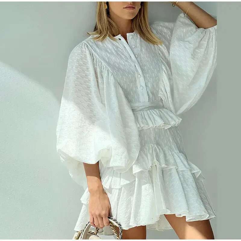 Spring Autumn Lantern Sleeves White Casual Buttons Layered Party Elegant Women's O-neck Ruffled Loose Dress Vestidos
