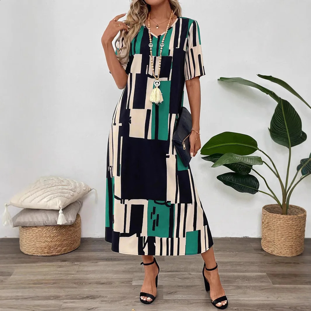 2025 Summer Womens Dress Print V-neck Short-sleeved Loose Long Dress Fashion Elegant Casual Loose Beach Party Dress Robe Femme 250411