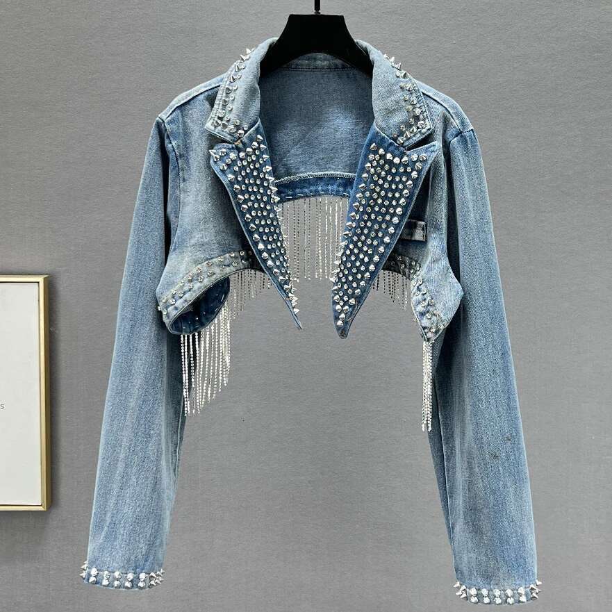 Rhie Beaded Tassels Rivets Denim Jacket Short Crystal Fringed Backless Jeans Coat Dias Cowboy Cardigan Sequins Tops