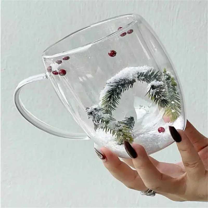 Christmas 200/400ML Double Wall Clear Glass Cup Christmas Theme Snow scene Glass Coffee Cup Heat Resistant Milk Water Cup Christmas Gift Y251112