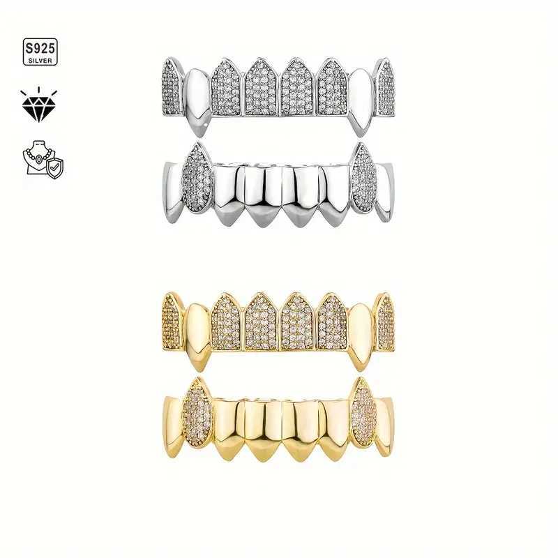 2 pieces of S925 silver including 4.7 carat silica hip-hop street rap mens and womens dental grills ice micro laid dental grills S925 silver 18k W2504