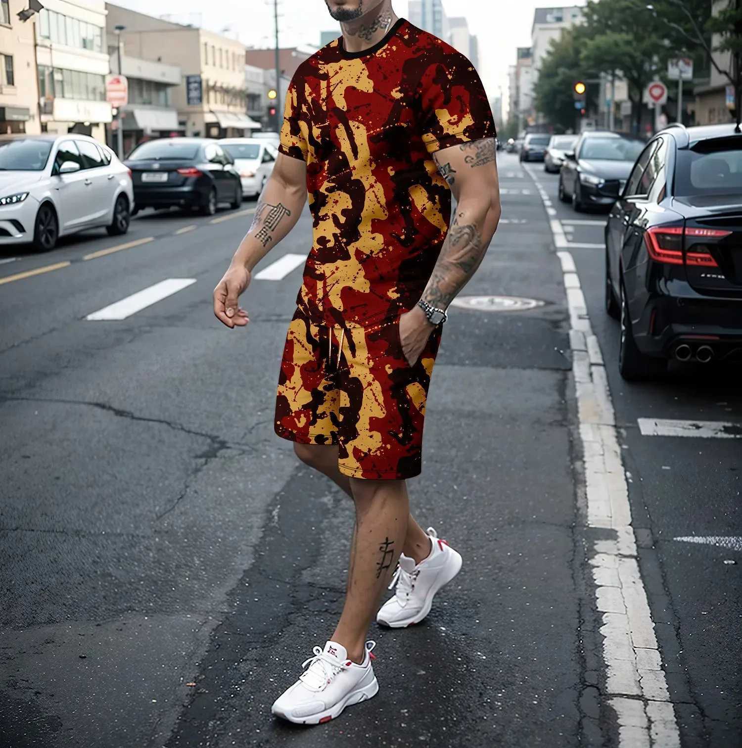2024 New Summer Mens Two piece 3D Short sleeved Shorts Set for Running Leisure Camouflage Outdoor Travel Set for Mens ClothingXJ250412