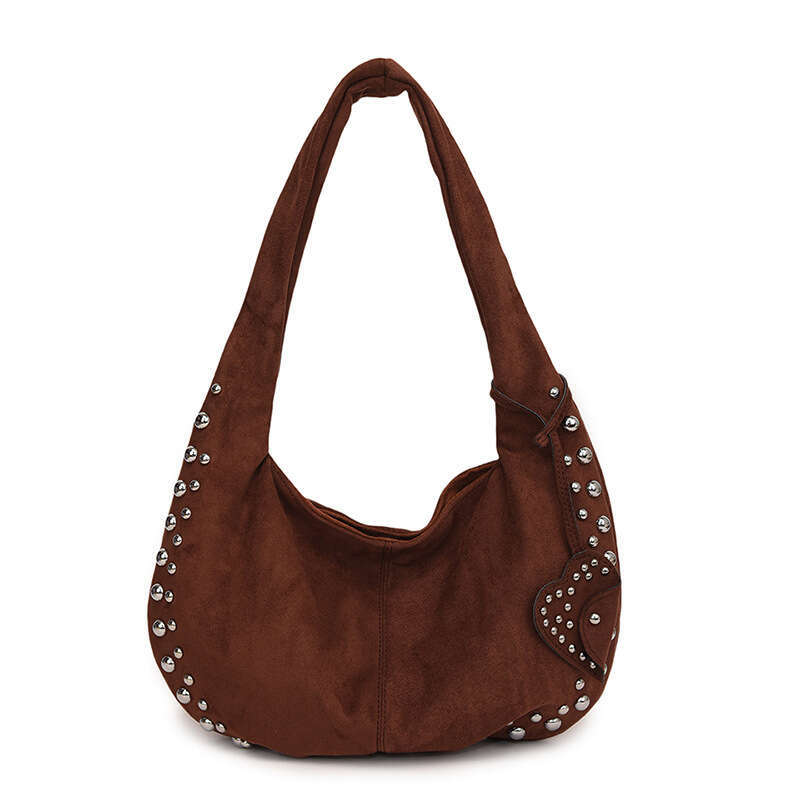 2024 Autumn/Winter New Deer Skin Velvet Women's Bag Single Shoulder Diagonal Cross Rivet Matte Crescent Underarm Casual Tote Handbag