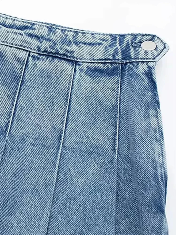 TRZA Women Fashion Wide Pleated Denim Mini Skirt Vintage High Waist Side Zipper Female Skirts Mujer 250407