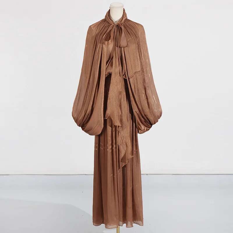PREPOMP 2025 Spring New Arrival Stand Collar Long Batwing Sleeve Lace-Up Maxi Dress Women Gt275