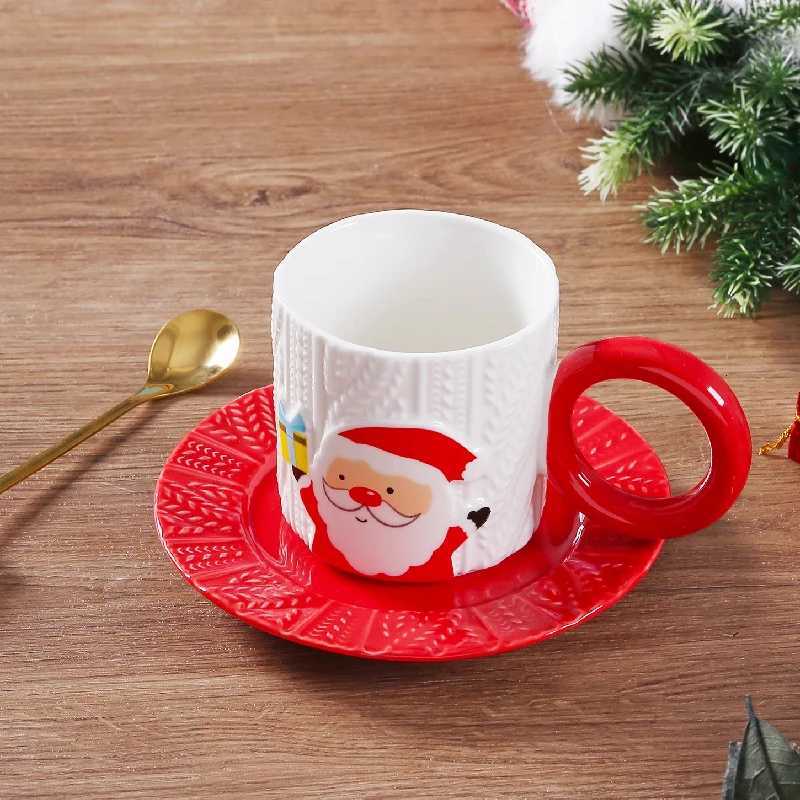 Christmas Relief Grain Hand-painted Ceramic Cups and Saucers Creative Hand-painted Santa Claus Elk Coffee Cup Set Drinking Holiday Gifts Y251112